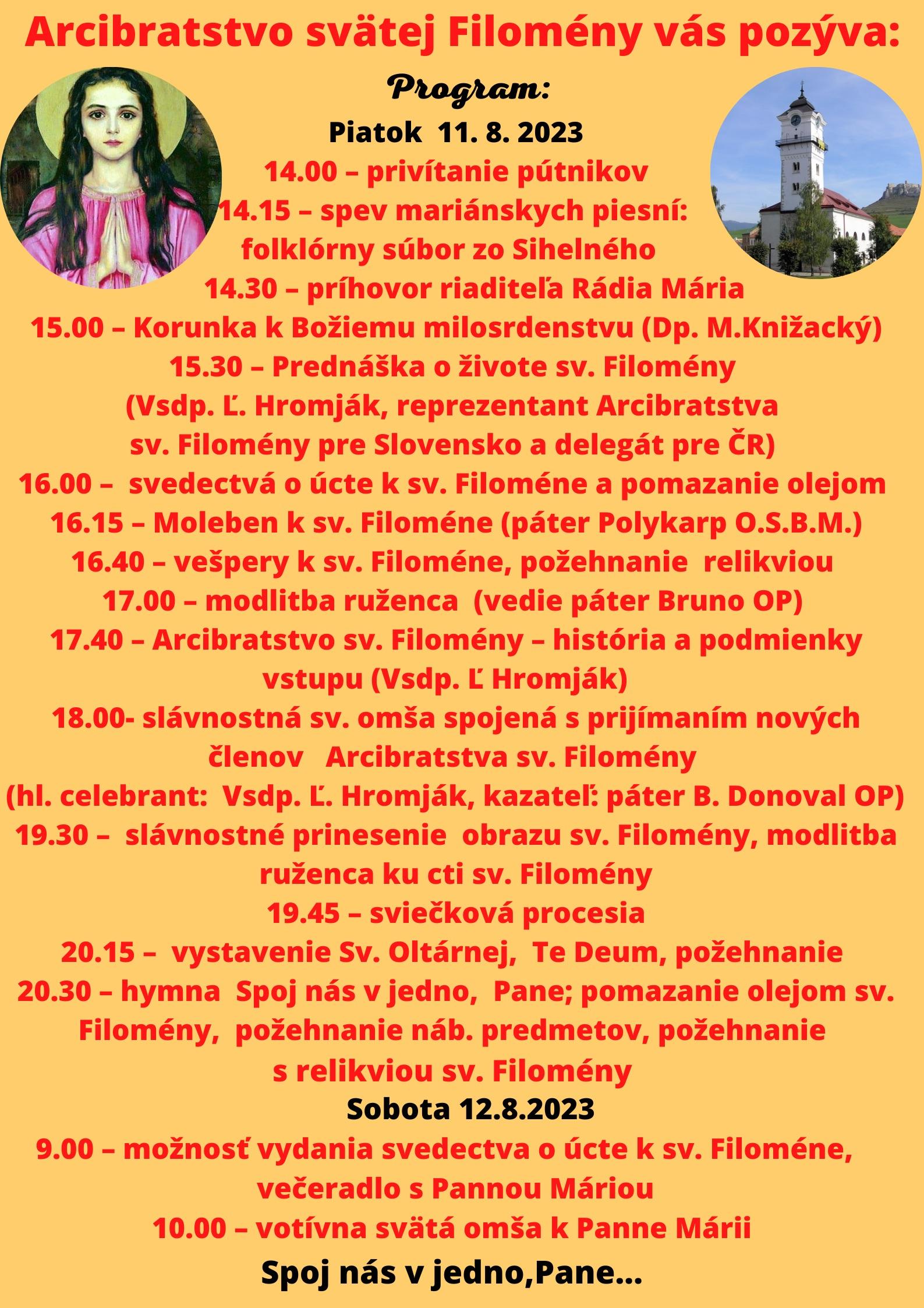 Spisske Podhradie, Filomena, put, program, plagat