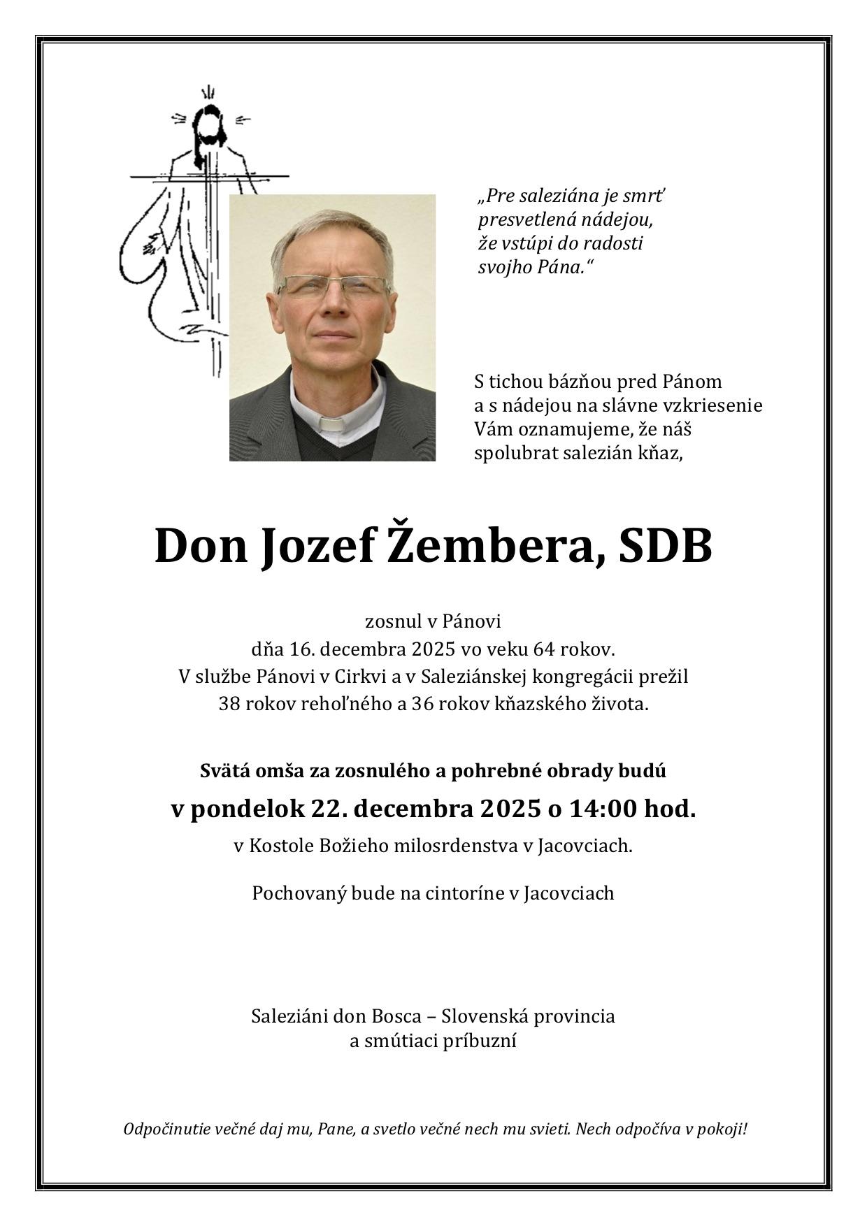 Žembera, kňaz, salezián, úmrtie, parte